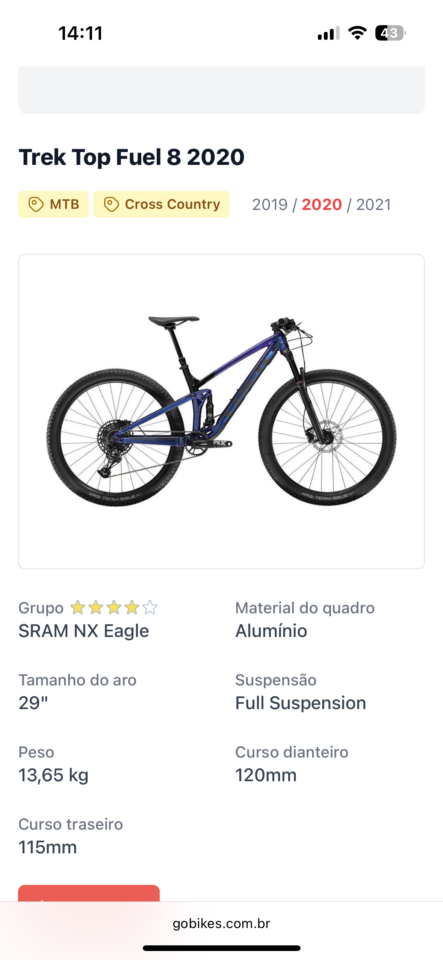 Bicicleta Mountain Bike (MTB) Trek Top Fuel 8 Full suspension Aro 29 | Bazar Bikes Anúncio Bazar Bikes